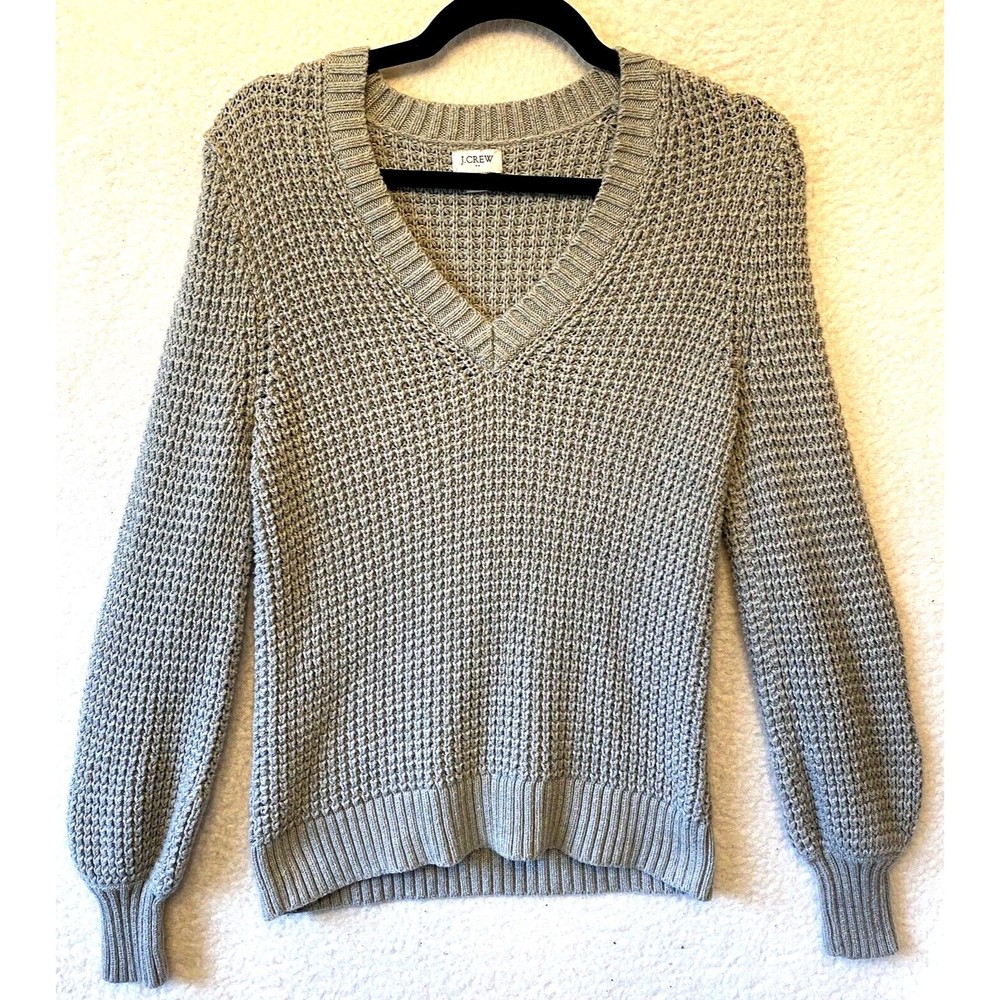 J.Crew V-Neck Waffle Knit Sweater Womens‎ Medium Grey Puff Sleeve Preppy Cozy